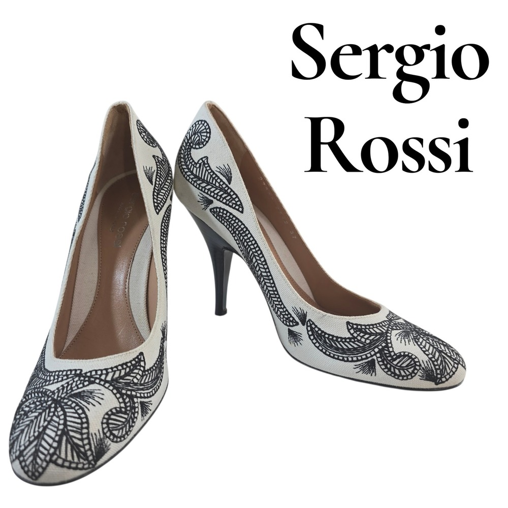 Sergio Rossi Pumps Womens 37 Cream Black Canvas Embroidered Luxury‎ Heels Italy